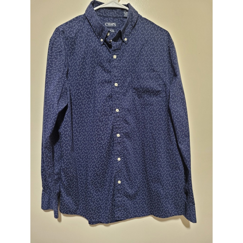 Chaps‎ Button Down Shirt Mens Large Navy Blue Stretch Easy Care Print